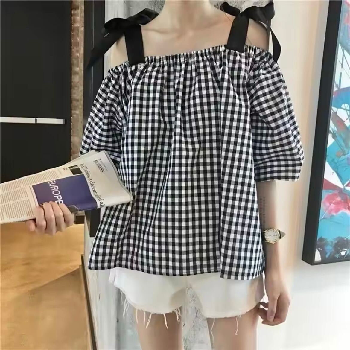 ギンガムチェックオフショルブラウス