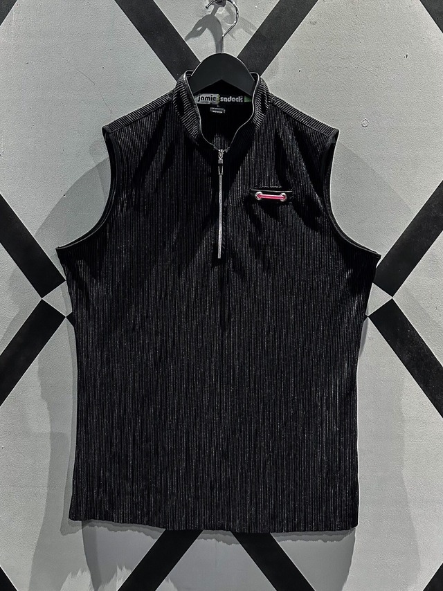 【X VINTAGE】Faux Leather Piping Half Zip Pleats Vest