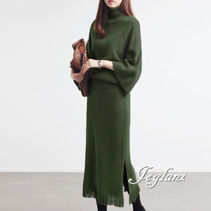 4色 セットアップ 2点 ニット ハイネック フリンジ スカート ♪(MB002)λ