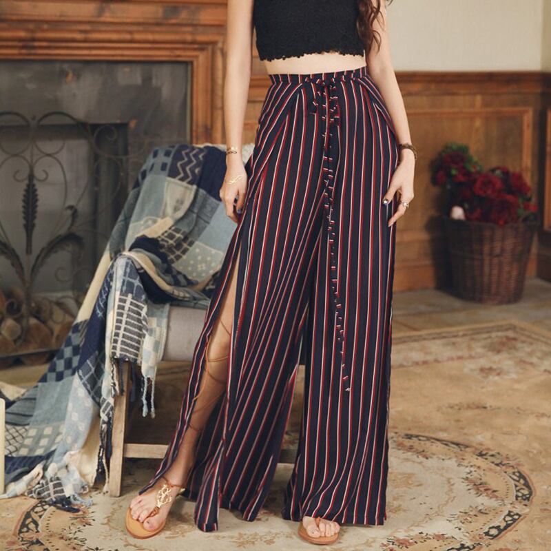ストライプ サイドスリット ワイドパンツ