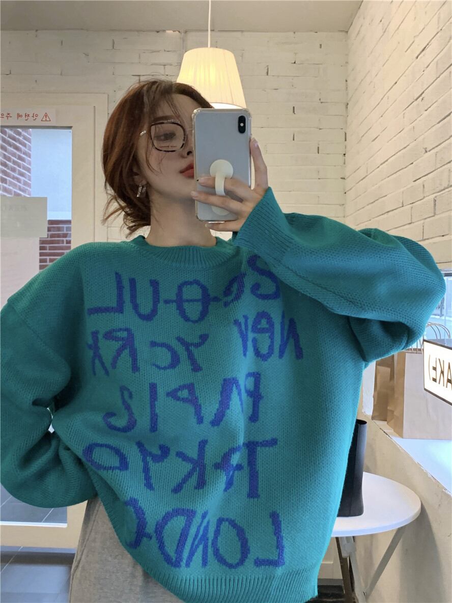 セーター ニットブルースタイルプルオーバー ラウンドネックトップス オータム 秋物 ウィンター 冬物 Oネック ブラックストロベリース83099765505