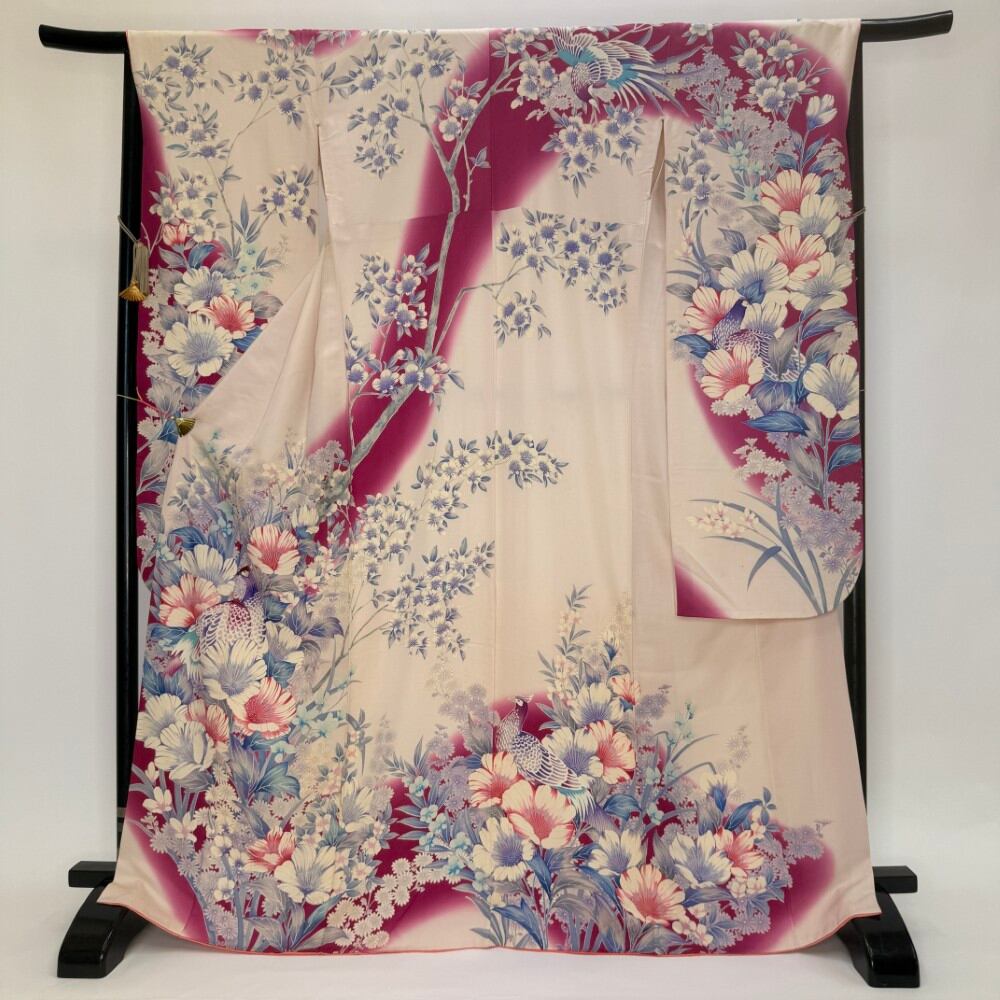 振袖 中古 オフホワイト 正絹 古典 リメイク 裄67cm 身丈170cm 美品 L サイズ 成人式 6273
