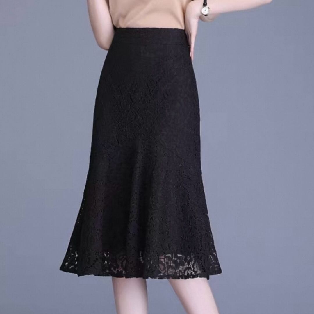 Black flower motif lace mermaid skirt 00227