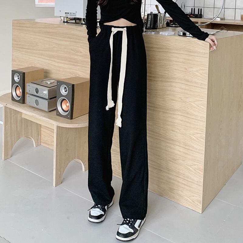 ブラックカジュアルパンツ スプリングオータムハイウェストウェストルーズワイドレッグ 春物 秋物 ワイドパンツ 試着室78612202217