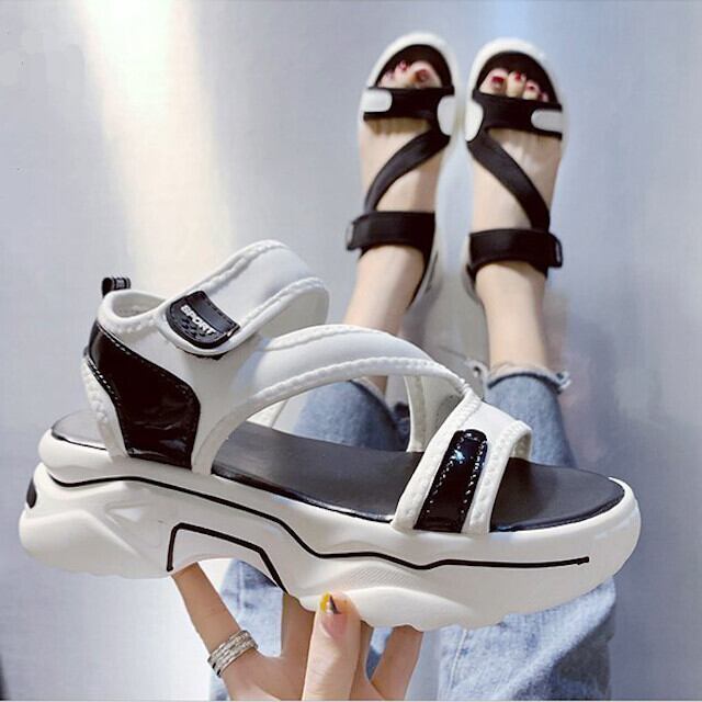 全2色 ホワイト/ブラック レディース スポーツサンダル プラットフォーム 厚底サンダル サイドローカット スポーティ