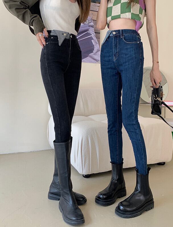 ハイウェストウェスト薄手ブルージーンズ スプリングオータムパンツ 春物 秋物 モンロー39159863054