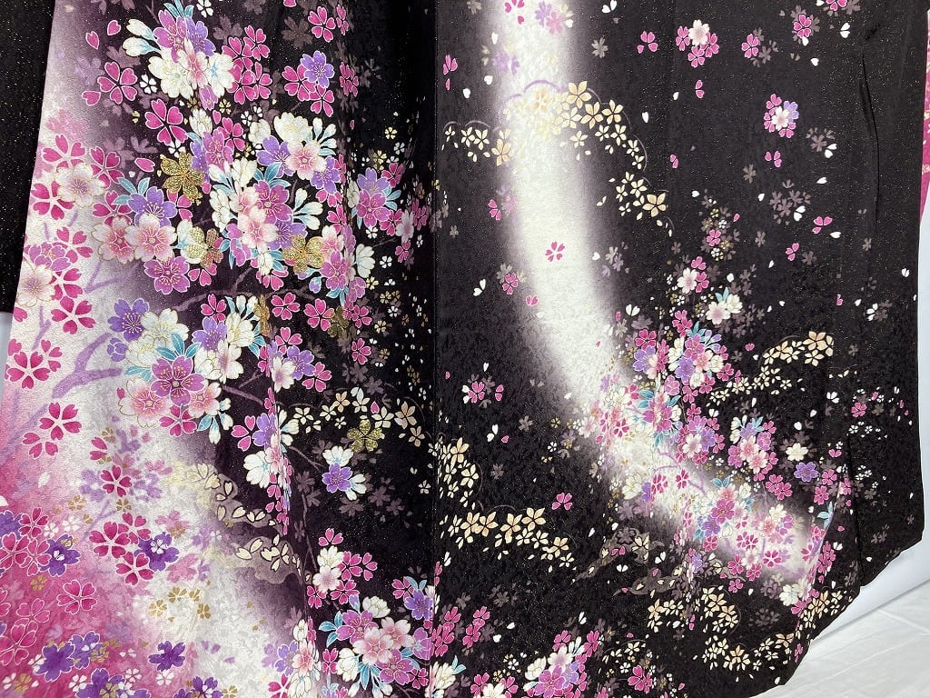 京友禅 3点セット 金通し 金駒刺繍 振袖 袋帯 襦袢 花柄 正絹 黒 白 ピンク 035