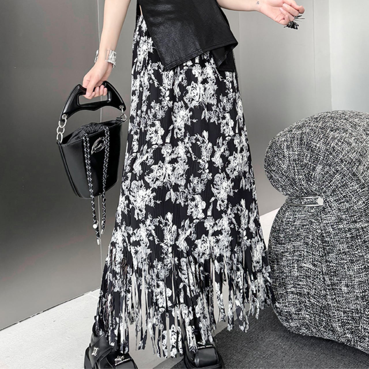 フリンジデザイン AラインシルエットロングスカートR1088