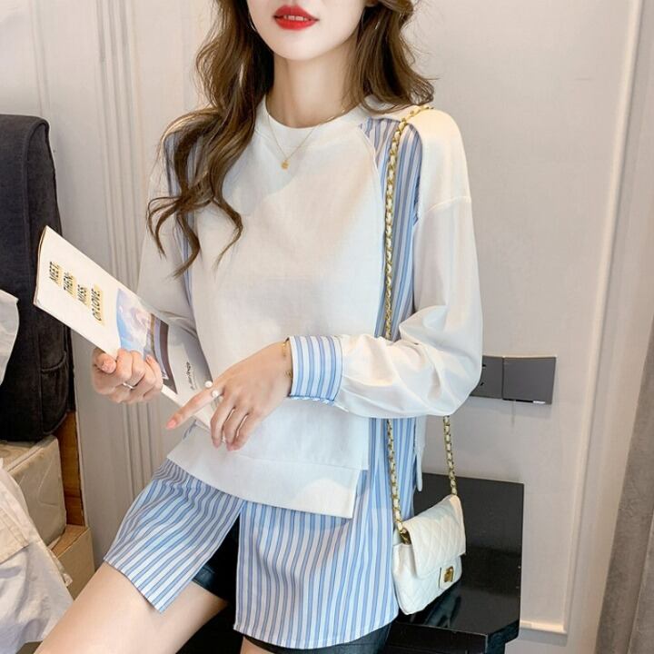 トップス レディース シャツ カットソー プルオーバー スウェット 長袖 クルーネック ストレート 切り替えデザイン ドッキング かわいい 大人可愛い きれいめ シンプル カジュアル 大人 上品 おしゃれ 大人女子 ガーリー クール S M L XL ホワイト ストライプ 春 秋 10代 20代 30代 40代 50代 ママ OL 通勤 学生 通学 デート お出かけ 女子会 旅行 着回し 普段使い 送料無料 韓国系 ファッション コーデ スタイル 楽ちん モテ 体型カバー トレンド 流行 インスタ映え