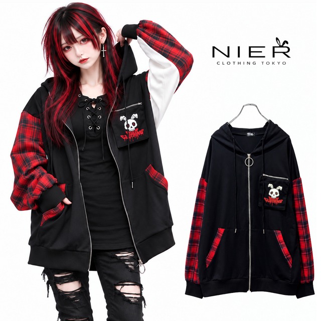 《ゾロ目の日早い者勝ちSALE》袖切り替えデザインRED CHECK ZIP PARKA