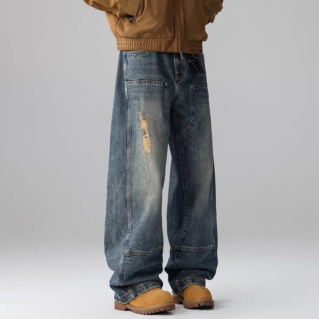 【H1045】Damage Processed Loose Fit Denim Pants