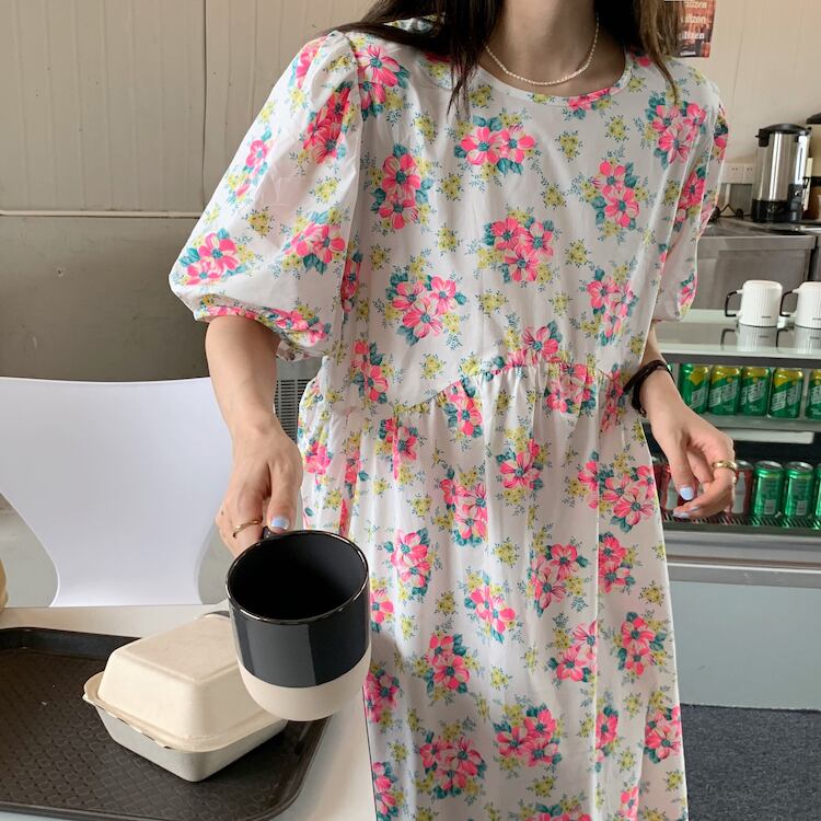 カラーラウンドネックスリーブドレス サマースタイルプリーツウェストルーズ薄手Aラインスカート 夏物 Oネック ビッグFスモールZ韓国3768522374