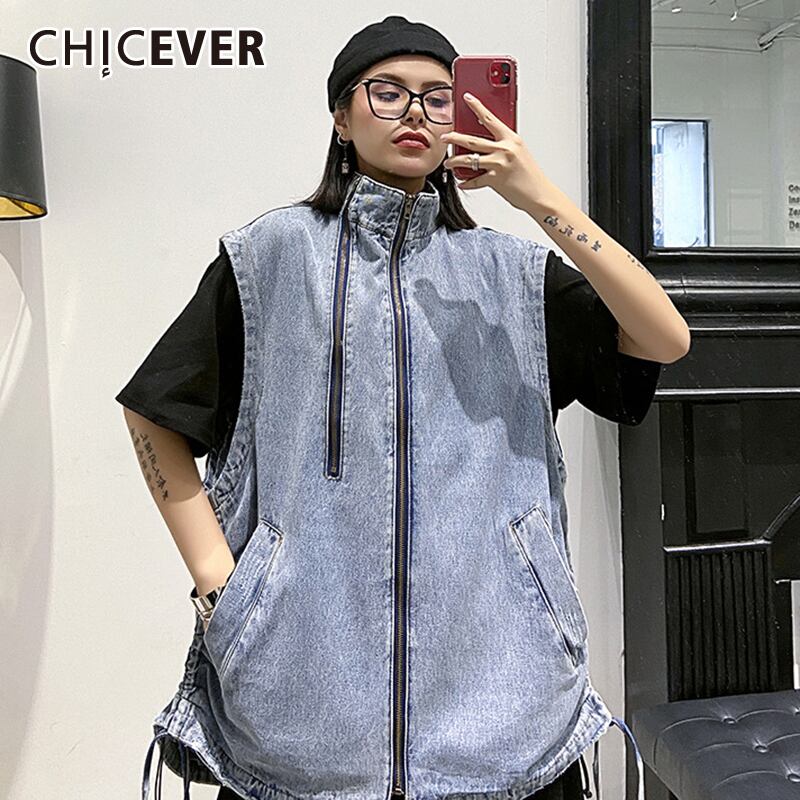 CHICEVERプリーツレースアップベストラペルカラータンクノースリーブオーバーサイズルーズヴィンテージデニムベスト女性2020夏 サマー 夏物 ビンテージ 6base514825396747