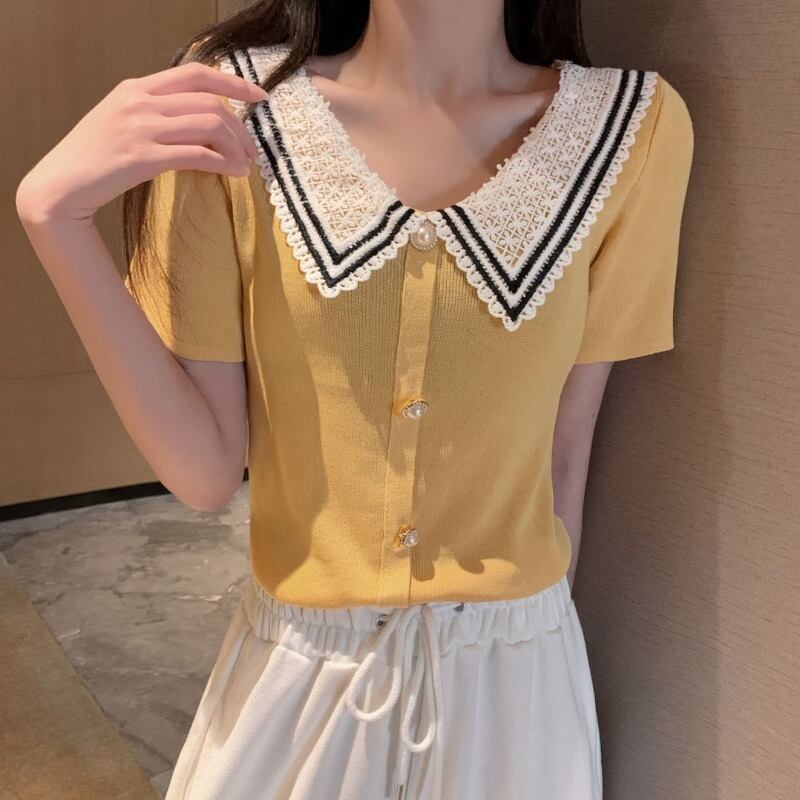 サマーショート薄手ニットカーディガンレディース レース 半袖 ハーフスリーブ 夏物 ハンチェンe68089710439