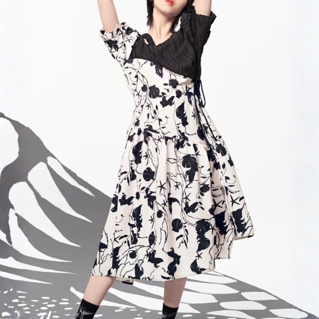 Asymmetric floral ruched one-piece C1604