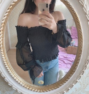 Chiffon-off shoulder tops~black~