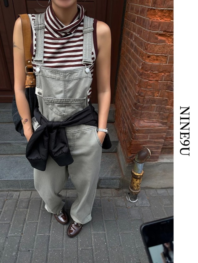 wide-pants suspenders stitch overall 2color【NINE8320】