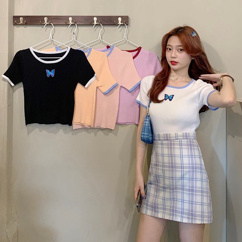 2020年夏のスリムな痩身バタフライ刺繍ショートトップスオールマッチ半袖Tシャツ女性インタイドの新バージョン 1号婦人35071819598