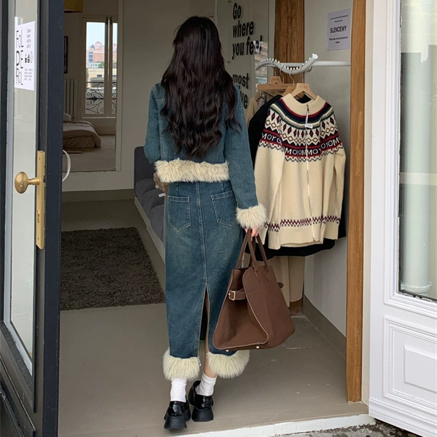 set】ファー付きデニムジャケット×ロング丈スカートセット N2332