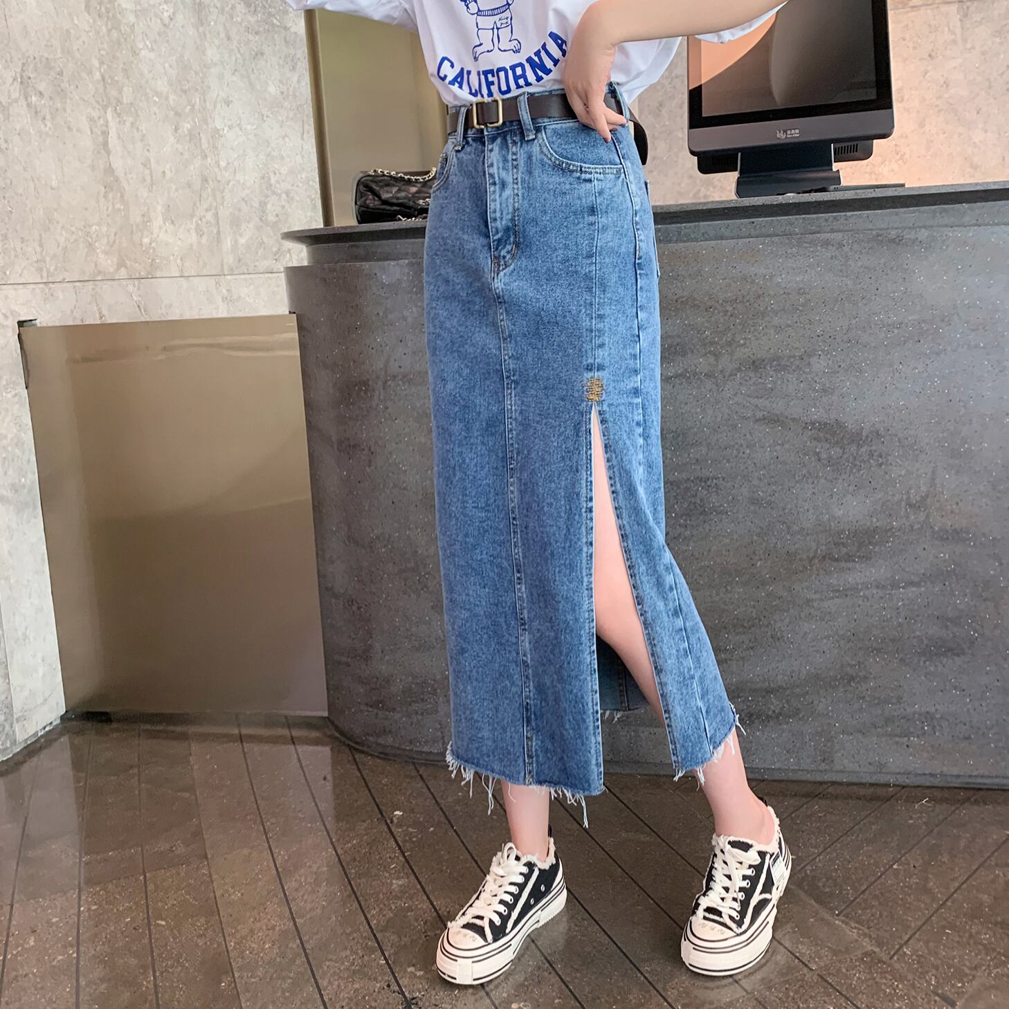 スリットハイウェストウェストスカート スプリングスタイルAラインロング 春物 6Du_Shop_Women49140137324