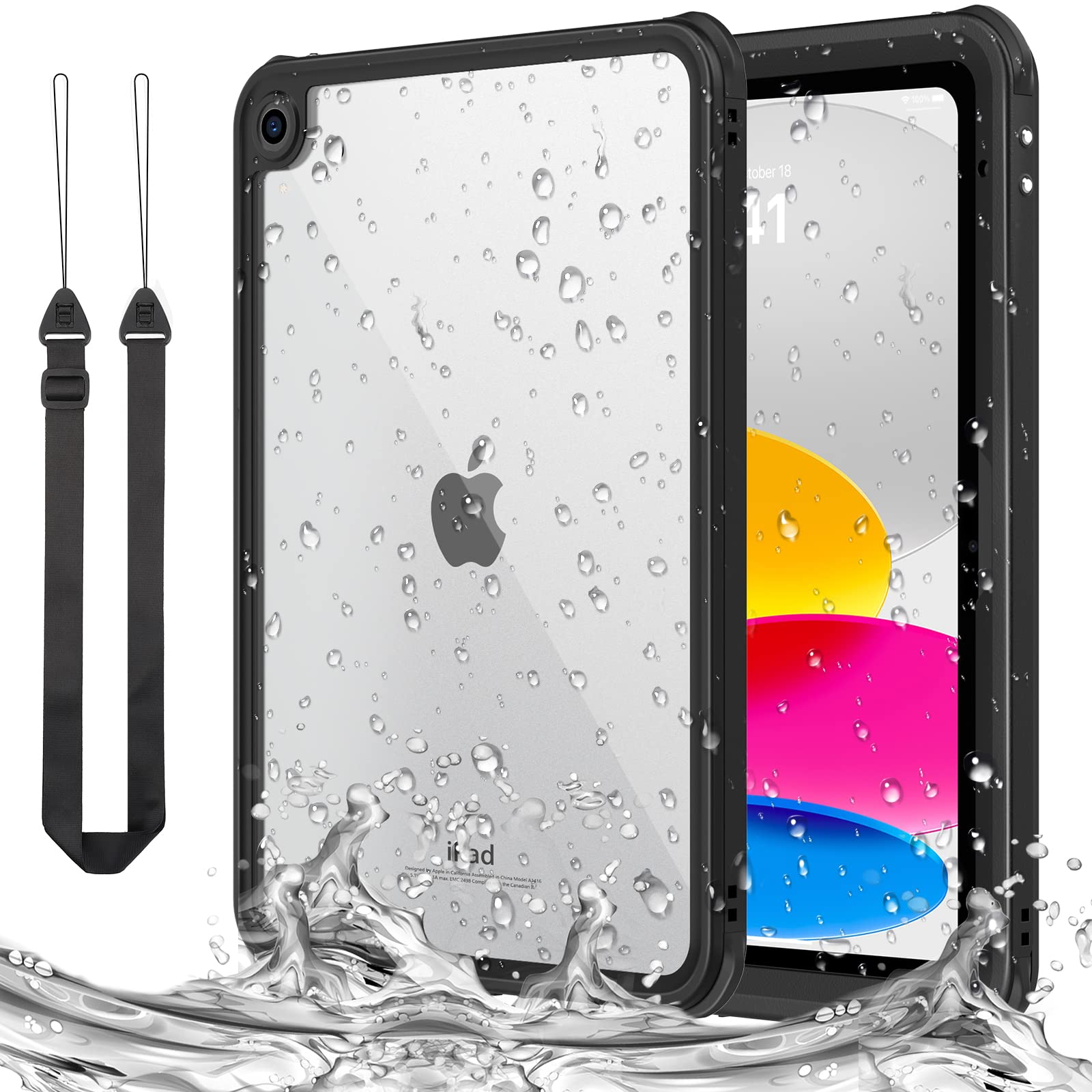 MoKo iPad 第11/10世代 防水ケース 11/10.9インチ iPad 第11世代 (A16) 2025、 第10世代 2022 防水ケース IP68最高規格 完全防水 軽量 薄型 耐衝撃 360度全面保護 ストラップ付き 水中撮影 海・水場・プール・お風呂に 雨・雪の日対応 Black