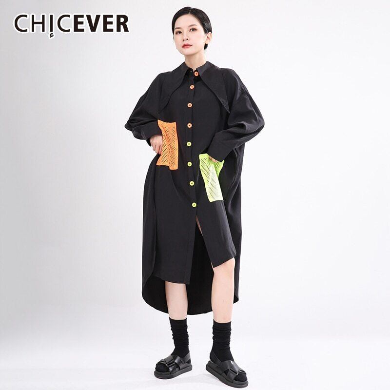 CHICEVERパッチワークシャツレディースセーラーカラー長袖ポケットヒットカラーサイドスプリット特大ブラウス2020 ロング 6base525575658336