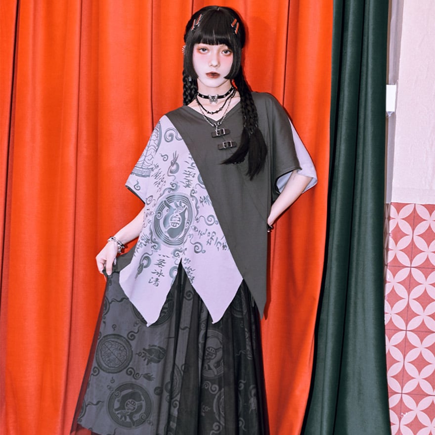 サブカル 服 地雷系 通販 チャイナ風服 チャイナ風服 古怪舎 シャツ 半袖トップス イレギュラーヘム ランダムカット プリント 闇かわいい