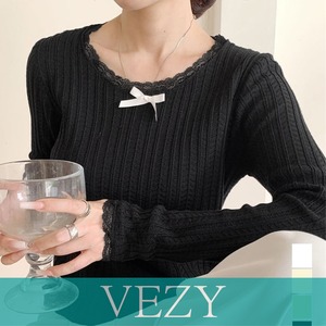 プルオーバー 長袖 薄手 リボン付き クルーネック 着やせ 大人 おしゃれ フィット フェミニン ベーシック 着回し 春秋服Tシャツ 半袖VEZY ベジー  ItemNo.【22093631】