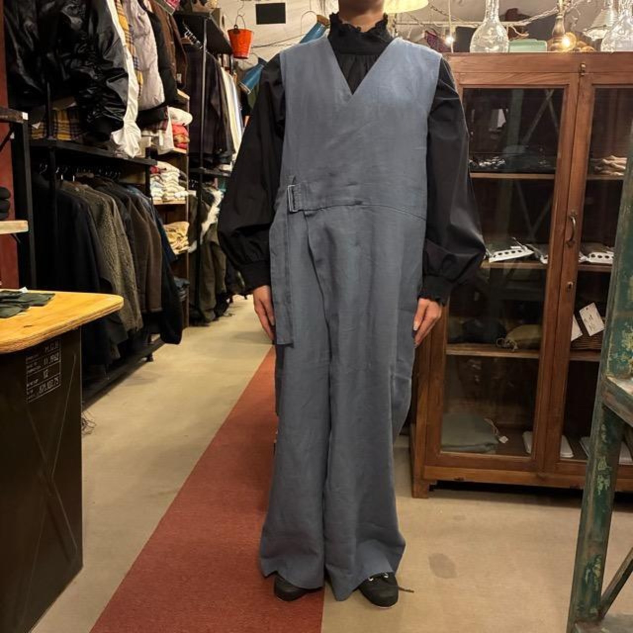 UNIVERSAL TISSU Triple Washed Linen Cotton Wrap Culotte Overalls in Smoky Blue