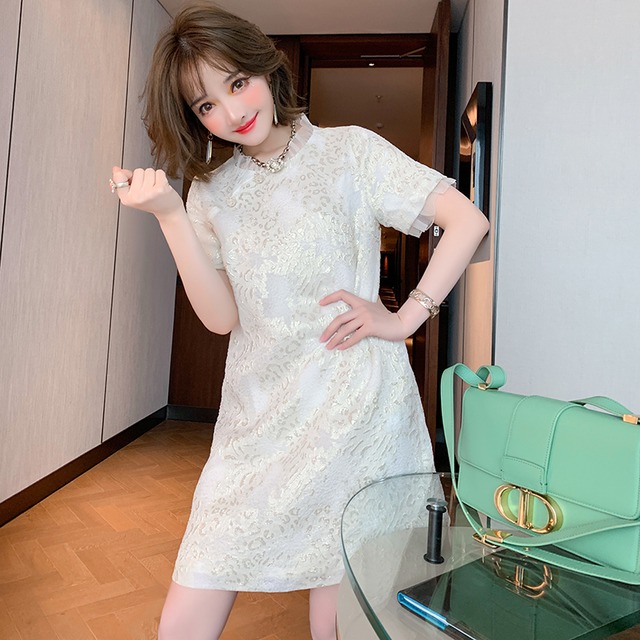 ラウンドネックメッシュスタンダードジャカードドレス レトロ Oネック シルク ステッチ MIUCO18420322779