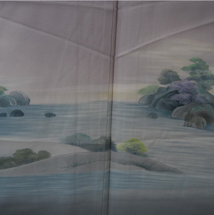 訪問着】白土色に渓流山水文柄の着物 | ひふみ屋