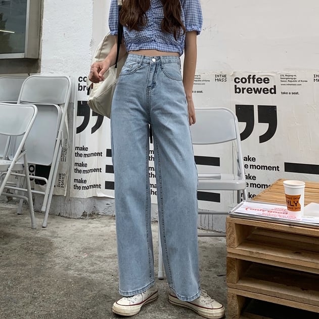 レディース ストレート デニム パンツ ボトムス ハイウエスト ワイド