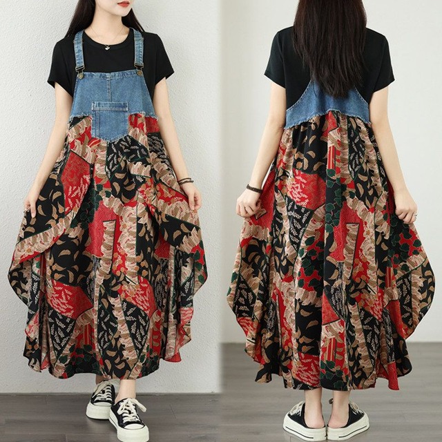 DENIM STRAP FLORAL PRINT RUFFLED MIDI DRESS M-17641