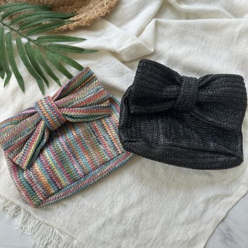 ストローバッグ リボンハンドルクラッチ ミニバッグ ビーチバッグ 即納