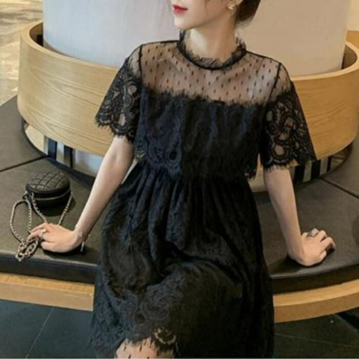 ワンピ　ドレス　半袖　ブラック　イベント　人気　フェミニン　Lサイズ
