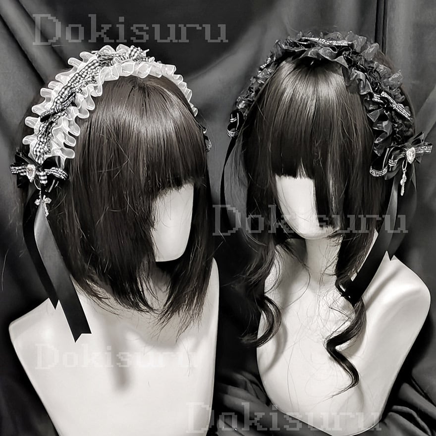 地雷系系 ヘッドドレス 黒 白 カチューシャ ラインストーン ゴシック レース リボン メイド コスプレ衣装