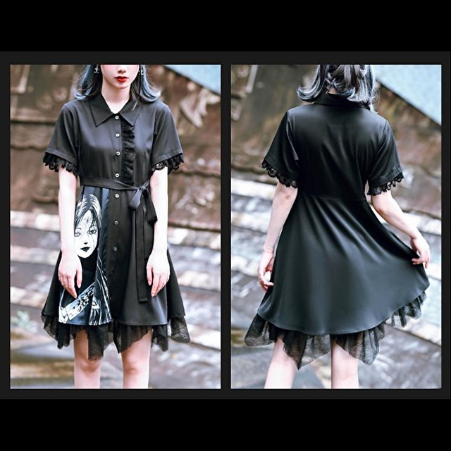 天使と悪魔 古怪舎 オリジナル 病み可愛い サブカル服 ワンピ 伊藤潤二 富江イラスト シャツワンピ レース 暗黒 闇深い レトロ 地雷系 ゴシック 10代 代 天使と悪魔 サブカル系ファッション Seasonz