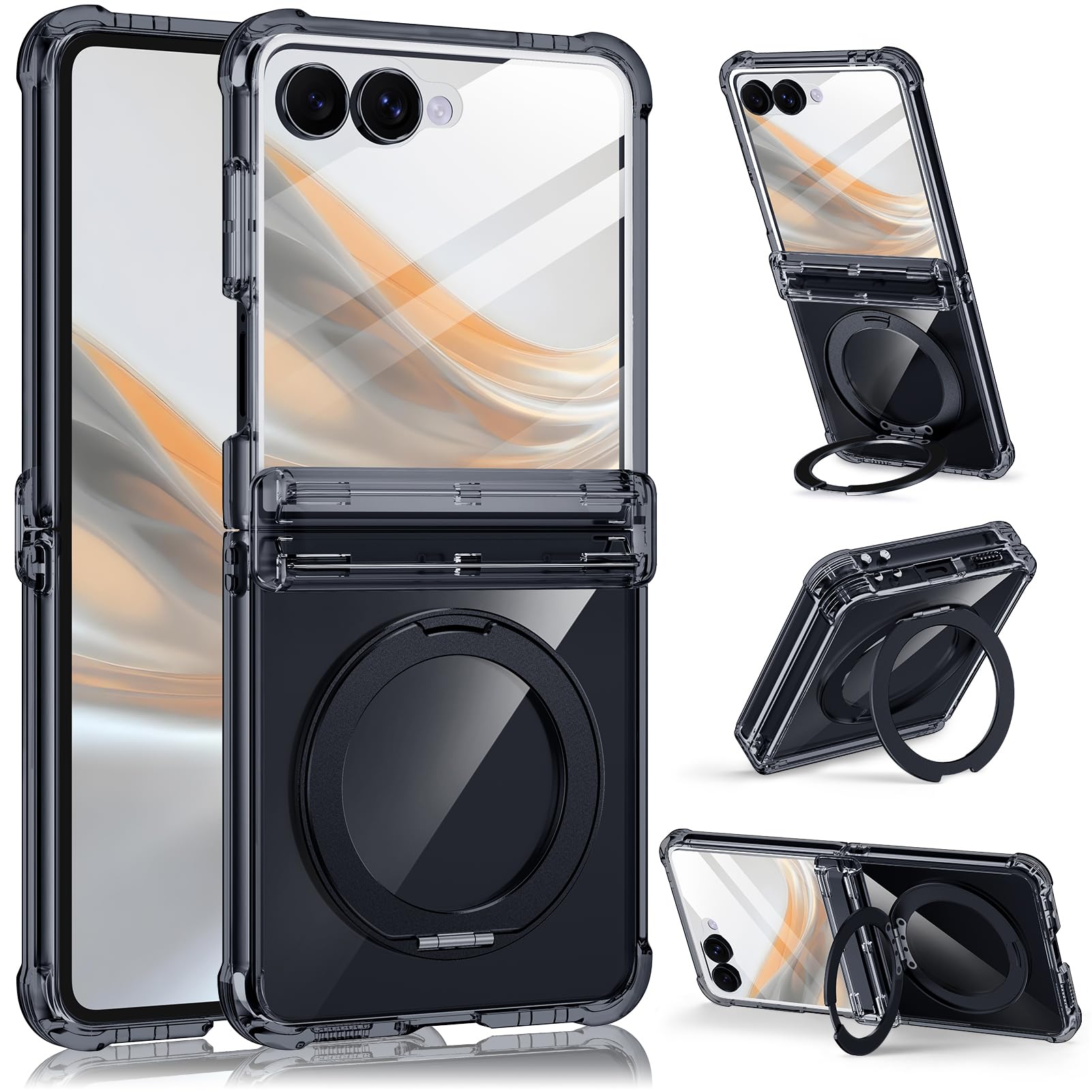 【360°回転スタンド・MagSafe対応】Galaxy Z Flip8 用ケース ヒンジ保護 9Hガラスフィルム付き (シャドウブラック)