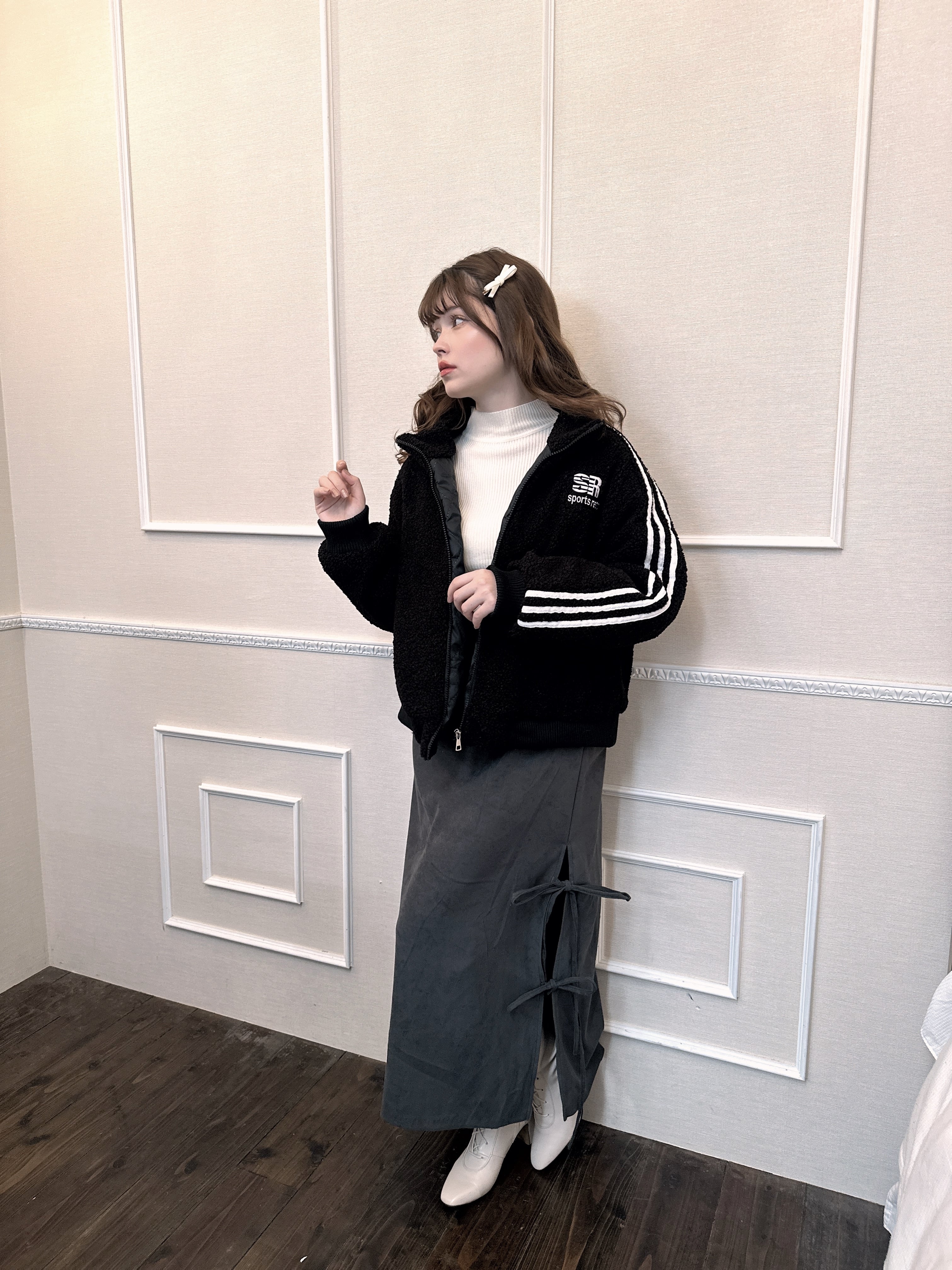 【LAST2】side slit ribbon skirt-BEIGE