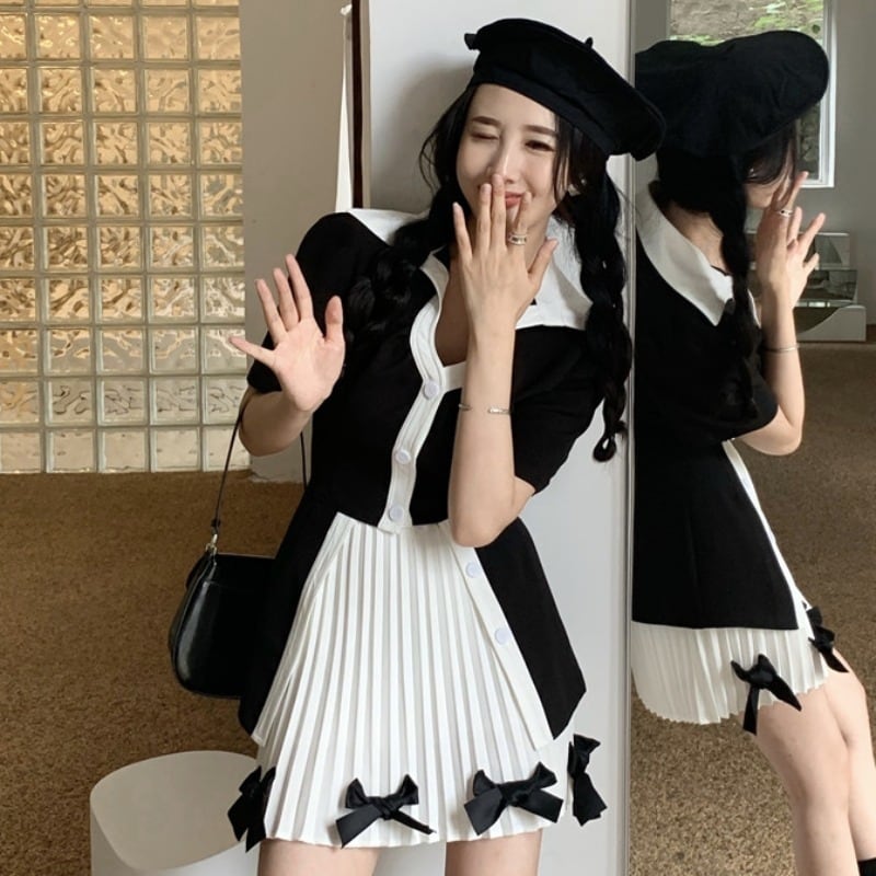 サマースタンダードシャツ リボンプリーツスカート レトロ 夏物 YY-ファッション92500732177