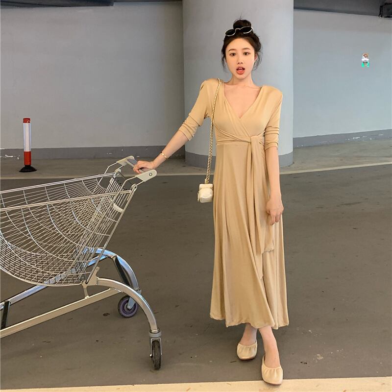 スカート サマースタイルスタンダードVネックロングウェストドレス レトロ 夏物 ドラファッションホール74832403768