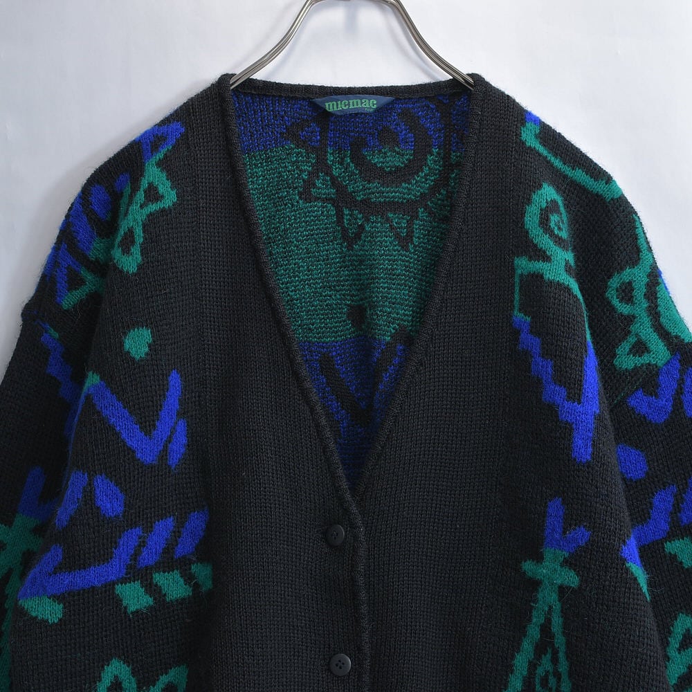 80~90s micmac PARIS エスニック調 シンボルマーク ジャガードデザイン ニットカーディガン ジャパン ヴィンテージ セーター ブラック ビンテージ 古着 レディースXL相当