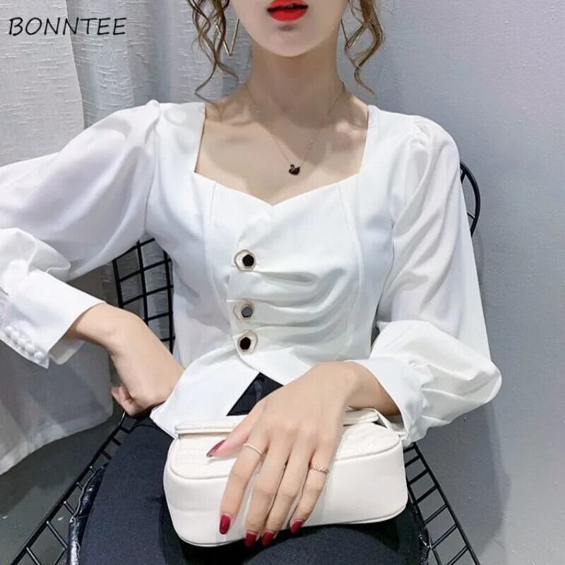 【新作】【送料無料】 スクエアカラーブラウス女性優しいデザイナー高級ピュアカラーミニマリストレディースエレガントな気性不規則なフレンチスタイリッシュオル 0269515190063