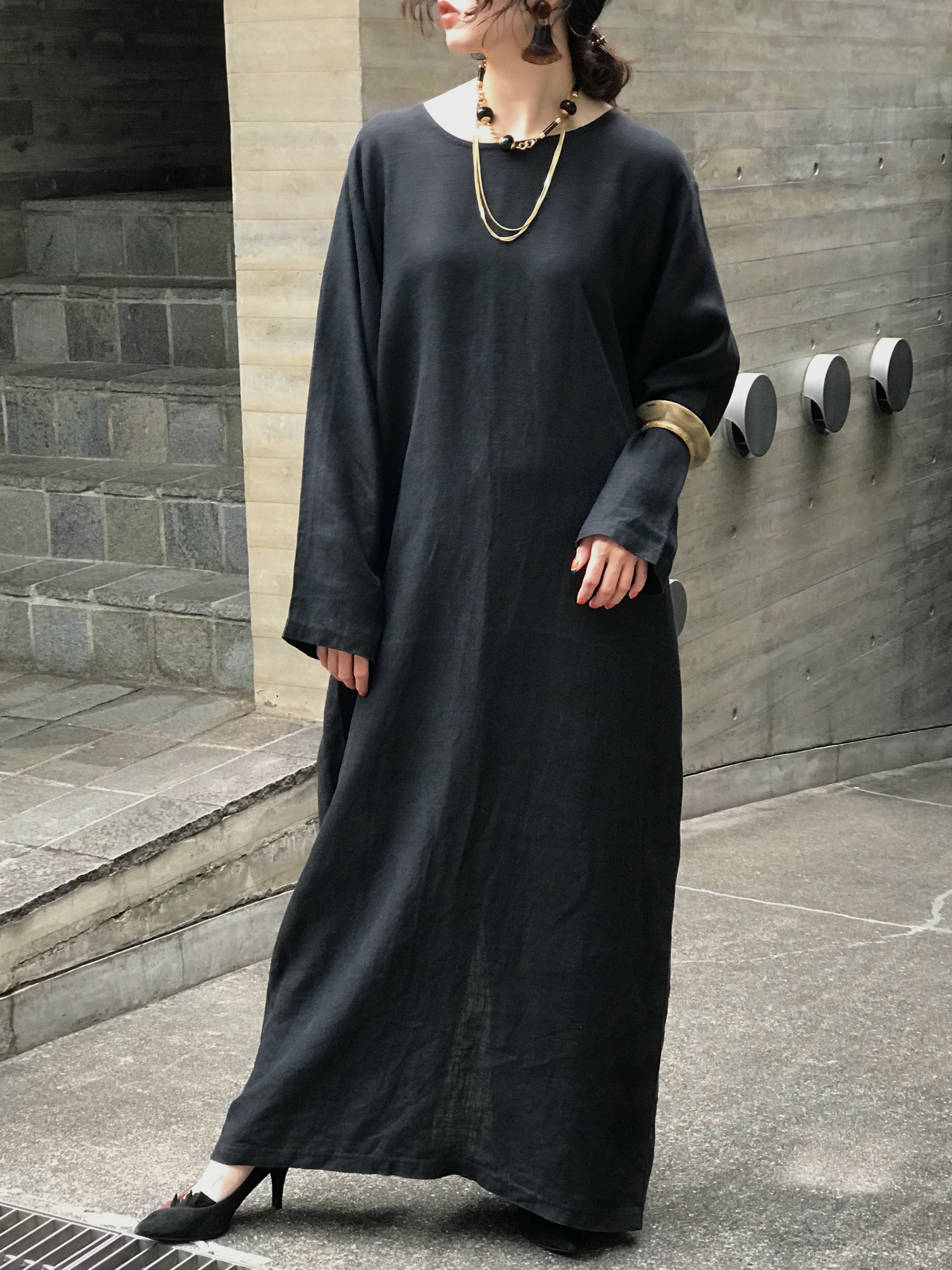 Vintage black × linen simple dress ( ヴィンテージ ブラック × リネン シンプル ワンピース  )