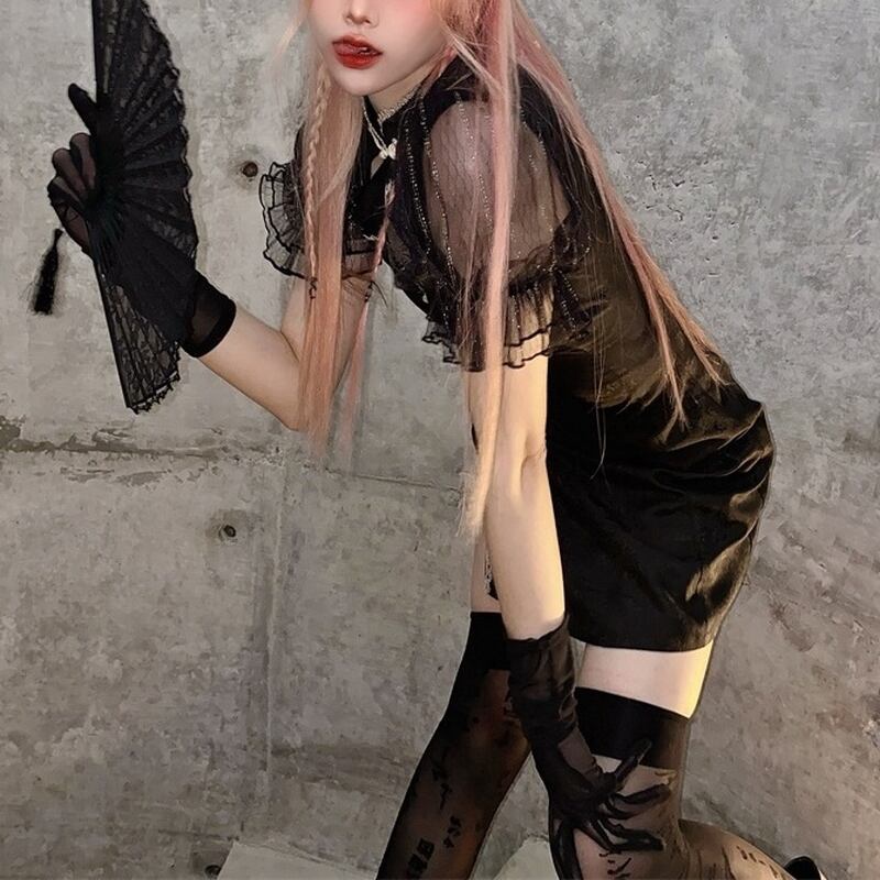 サブカル 服 地雷系 通販 チャイナドレス 半袖 レース セクシー 闇