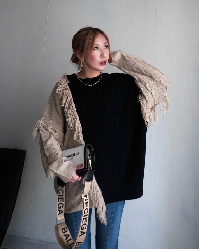 バイカラーフリンジニットtops
