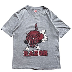 【USA製】80s 90s BMOC レイザーバックス 半袖Tシャツ クルーネック Tee メンズ L 杢グレー プリント VINTAGE アメリカ製