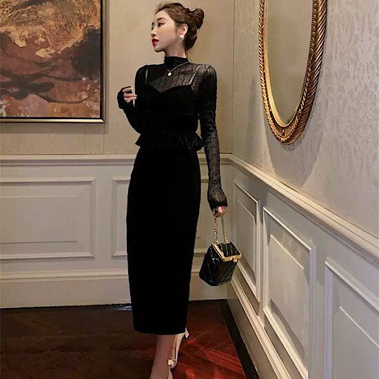 結婚式ドレス ベルベット 長袖 ハイネック スリム 発表会 演奏会 結婚式ドレス ベルベット 長袖 ハイネック スリム 発表会 演奏会