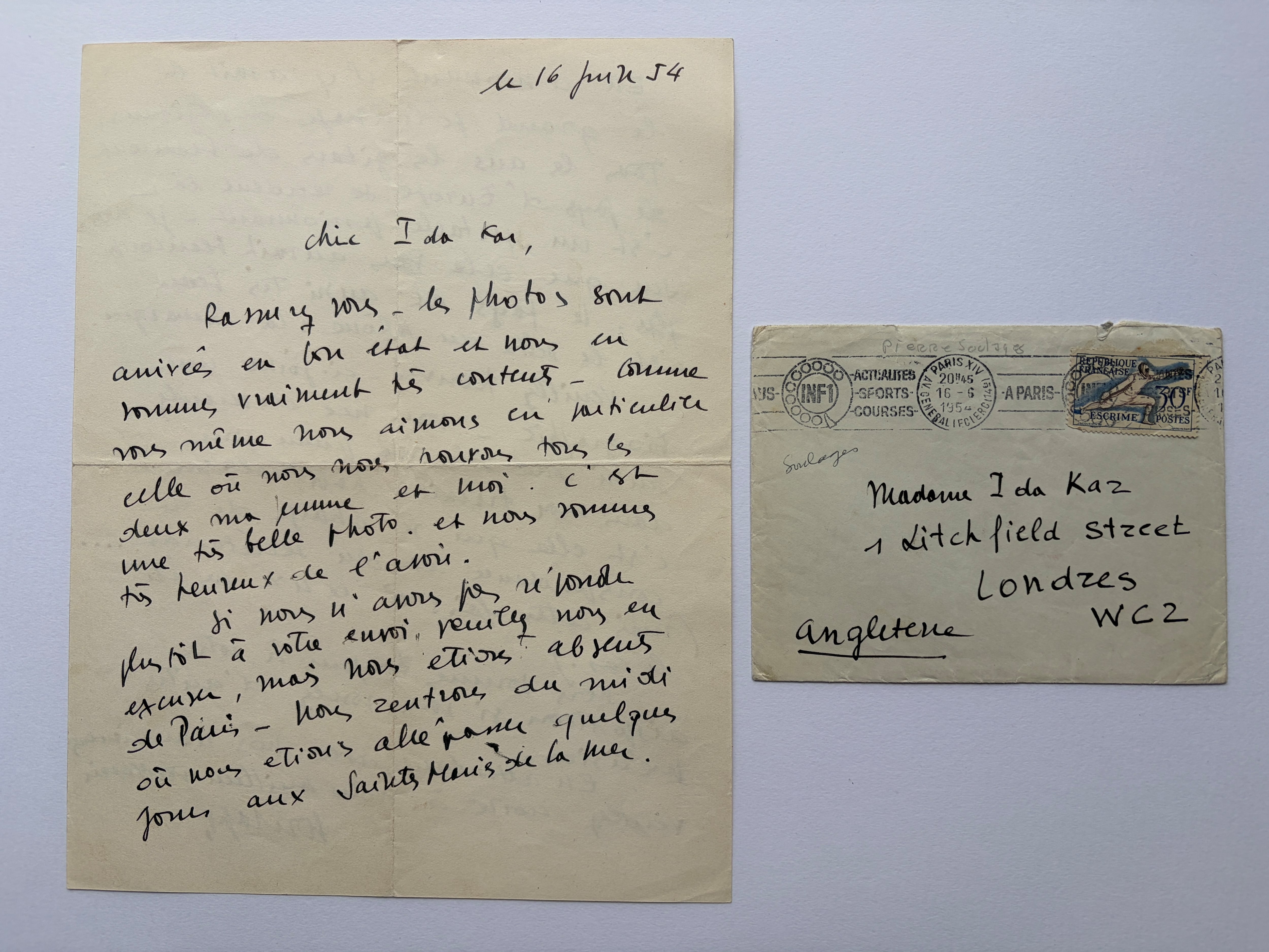 【 オートグラフ・直筆手紙　エフェメラ 】ピエール・スーラージュ　Pierre Soulages – Autograph Letter Signed (ALS) & Handwritten Biography to Ida Kar (1954)　 [K3100202]
