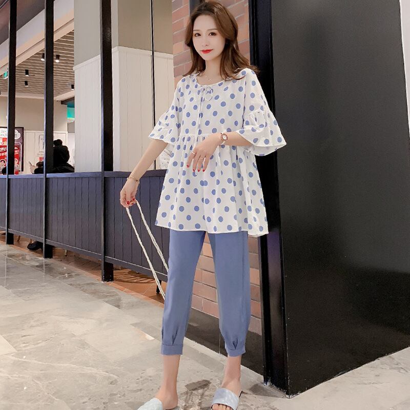 【新作】【送料無料】 マタニティウェア2020夏の新しい綿とリネンの水玉ルーストップ+ベリーリフト9ポイントビームパンツマタニティスーツ-アリババ コットン サマー 夏物 expec281687666757
